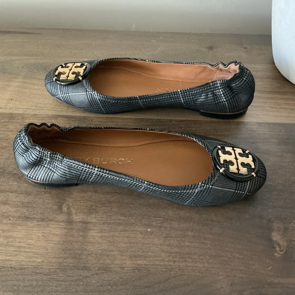 Tory Burch Multi Logo Elastic Prince Of Wales Ballet 7 EUC!
